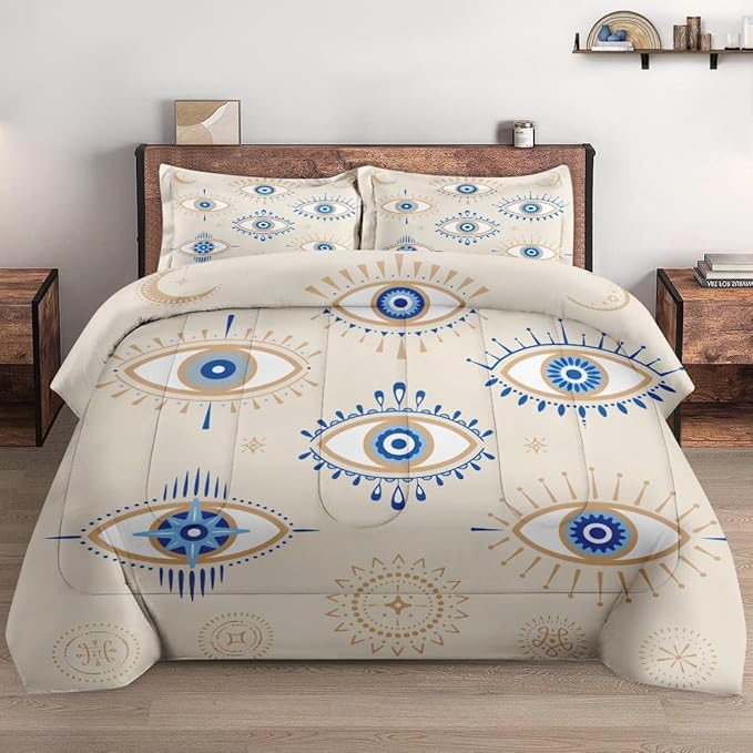 Twin Size Comforter Set with Pillowcase, Bohemian Eye 2 Pcs Bedding for Kids and Adults, Blue Boho Soft Comforter Set for Bedroom Bed Decor