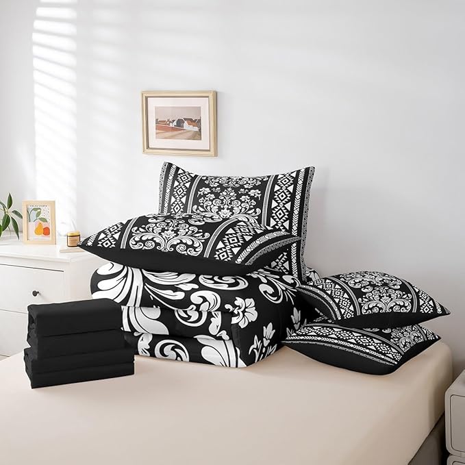 Comforter Set Full Size, Black and White Damask Aztec 7 Pcs Bedding for Kids Adults, Antique Decor Western Baroque Gothic Bed Sheet Sets with Fitted Sheet 2 Pillowcases & 2 Shams for Bedroom Bed Decor