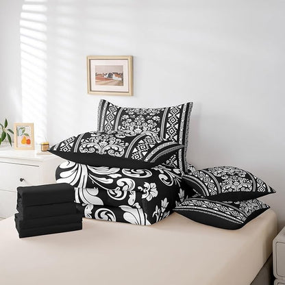 Comforter Set Queen Size, Black and White Damask Aztec 7 Pcs Bedding for Kids and Adults, Baroque Western Gothic Floral Bed Sheet Sets with Fitted Sheet 2 Pillowcases & 2 Shams for Bedroom Bed Decor