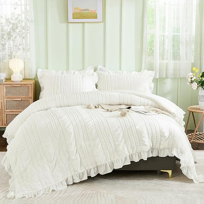 WONGS BEDDING White Comforter Set King,3 Pieces Ruffle Farmhouse Shabby Chic Boho Comforter for King Bed,Soft Textured Bedding Set with 1 Ruffle Comforter,2 Tufted Pillowcases 104"×90"