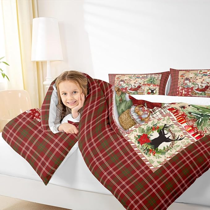 Merry Christmas Comforter Set Full Size,Xmas Tree Deer Antler Bedding Set Cartoon Santa Claus Quilt Set for Kids Girls Boys Adult Room Decor,Red Green Grid Patchwork Plaid Duvet Insert 3Pcs