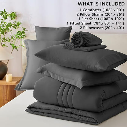 CozyLux King Size Comforter Sets - 7 Piece Bed in a Bag Dark Grey Comforter Set with Sheets Bed Set All Seasons, Soft Bedding Set with Down Alternative Comforter, Sheets, Pillowcases & Shams