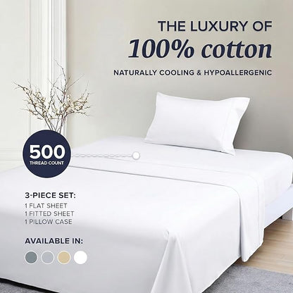 Beckham Hotel Collection Twin Sheet Set 100% Cotton, 500TC Luxury Sateen Bedding, 16” Deep Pocket, Moisture-Wicking, 3-Piece, White