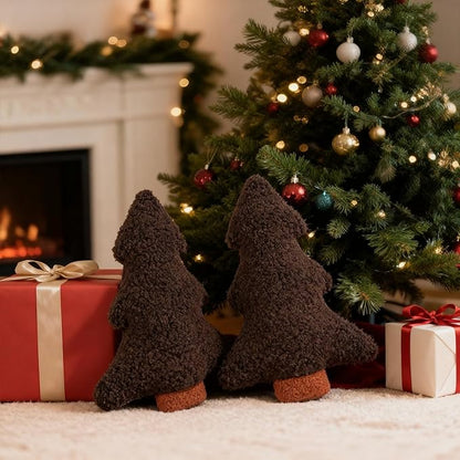 Artmag Christmas Pillows, Decorative Christmas Tree Pillow Set of 2 Stuffed Tree Shaped Plush Pillow for Holiday Party Sofa Living Room Decoration (13" x 10.5", Brown)