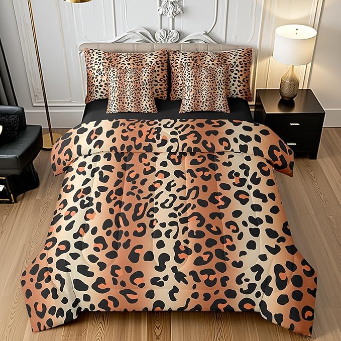 Castle Fairy Leopard Print Comforter Sets Full 7 Pcs,African Wildlife Animal Bedding Set,Wild Animal Skin Duvet Set with Comforter,Flat Sheet,Fitted Sheet,Pillowcases and Pillow Covers,Reversible