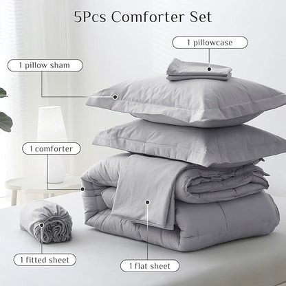 JOLLYVOGUE Twin Comforter Set, Ultra-Soft Bed in a Bag Twin Size 5 Pieces, Oeko-TEX Certified Bedding Set with Down Alternative Comforter, Sheets, Pillowcases & Shams, Light Grey