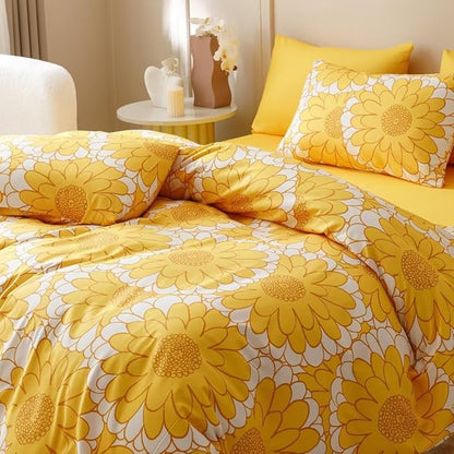 CLOTHKNOW Yellow Floral Twin Comforter Set 3Pcs Sunflower Bedding Comforter Sets Soft All Season Boho Comforter with 2 x Pillow Cases