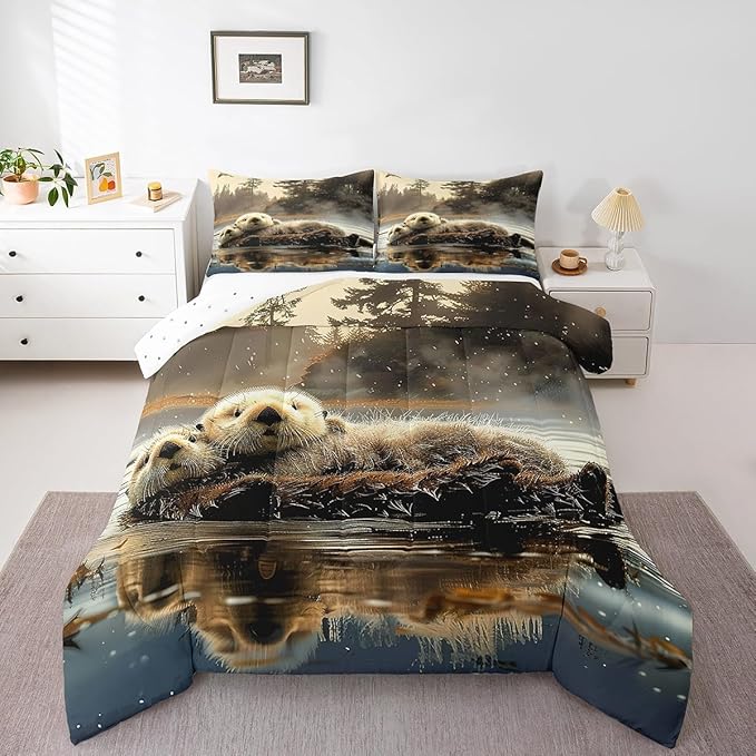 Manfei Sea Otter Bedding Comforter Sets King,Wildlife Otter Couple Swimming Bedding Set for Bedroom Decoration,Cute Otter Jungle Adventure with 1 Comforter and 2 Pillow Cases Bedroom Decor