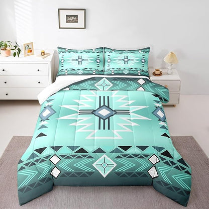 Bright Green Aztec Tribal Arrow Comforter Set Twin Size,Southwest Quilt Set Rustic Western Striped Bedding Set for Kids Girls Boys Adult Room Decor,Vintage Cowboy Duvet Insert,1 Pillowcase