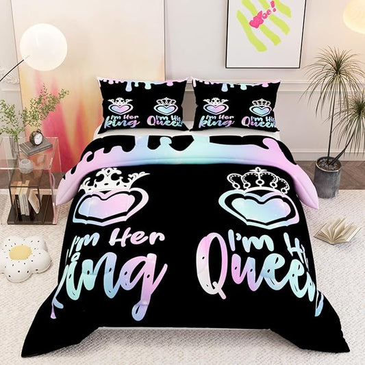 Queen and King Comforter Sets for Kids Adults,3D Pattern Black Pink Blue Color,Decorative Bedding Comforter Sets with 2 Pillow Shams, King Size