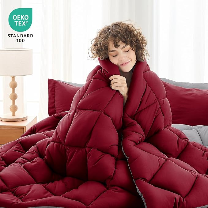 MUXHOMO 5 Pieces Twin Comforter Set, Reversible Bed in a Bag Twin Size, All Season Bedding Set with Comforter, Flat Sheet, Fitted Sheet, Pillowcases & Shams, Burgundy & Grey