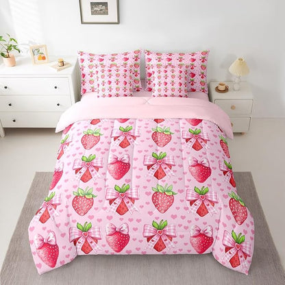 Erosebridal Bowknot Strawberry Pink Girls King 7-Piece Comforter Set | Love Hearts Kawaii Sheets and Pillowcases Cute Fruits Bow Bed in A Bag Kids Girly Women Bed Sets