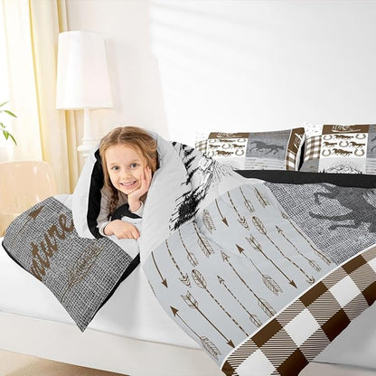 Erosebridal Horse Queen Comforter Set, Western Horseshoe Quilt Southwest Cowboys Cowgirls Bedding Set for Kids Boys Teens Adult Bedroom, Rustic Farmhouse Patchwork Adventure Bedding Comforter Sets
