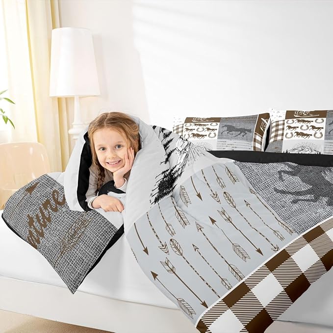 Erosebridal Horse Full Comforter Set, Western Horseshoe Quilt Southwest Cowboys Cowgirls Bedding Set for Kids Boys Teens Adult Bedroom, Rustic Farmhouse Patchwork Adventure Bedding Comforter Sets