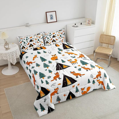 Feelyou Camping Comforter Set King Size Fox Comforter Camper Accessories for Travel Trailers Bedding Set Cute Duvet Set Room Decor Wool White Quilt Set