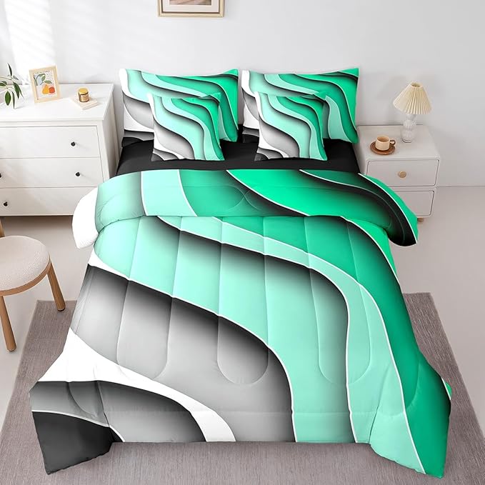 Green Teal Grey Ombre Bedding Comforter Sets 7pcs for Boys Geometric Stripe Bed in a Bag, Aesthetic Wave Queen Bedding Sets Modern Abstract Comforter Set, Gradient Bedding Sets & Collections