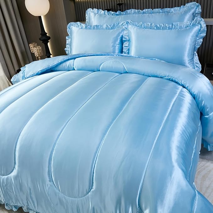Satin King Comforter Silk Like Baby Blue Bedding 4 Pcs Hotel Soft Polyester Bed Set Luxury Silky Body Pillow Cover Ruffle Home Decor