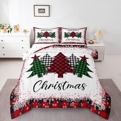 Geometric Christmas Tree Comforter Set Twin Size,Red Green Black Plaid Bedding 2pcs for Kids Girls Boys Room Decor,Xmas Snowflake Quilted Duvet Happy New Year Bedspread with 1 Pillowcase