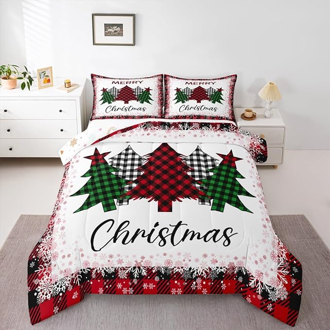 Geometric Christmas Tree Comforter Set Queen Size,Red Green Black Plaid Bedding 3pcs for Kids Girls Women Room Decor,Xmas Snowflake Quilt Set Happy New Year Duvet Insert,2 Pillowcases