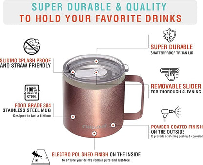 CHILLOUT LIFE Stainless Steel 16 oz - Vacuum Insulated Coffee Mug with Handle and Lid, Large Thermal Camping Coffee Mug Cup with Durable Sliding Lid for Women - Rose Gold