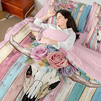 Erosebridal Bull Skull 7 Piece Comforter Set Twin Girly Pink Cowgirls Bedding Sets Sugar Skull Rose Flowers Bed in A Bag Animals Skeleton Floral Quilt Rustic Farmhouse Wooden Board Sheet Set