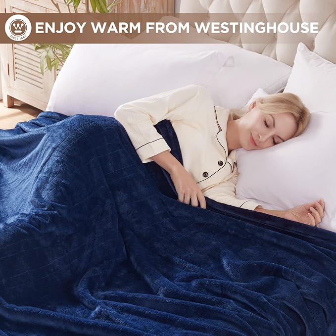Westinghouse Heated Blanket King Size, Electric Heating Blanket with 10 Heating Levels, 1-12 Hours Auto Shut Off, Fast Heating Warming Blanket, Machine Washable (King,100x90 Inches,Navy Blue)