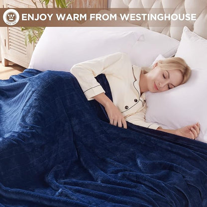 Westinghouse Heated Blanket Twin Size, Electric Heating Blanket with 10 Heating Levels, 1-12 Hours Auto Shut Off, Fast Heating Warming Blanket, Machine Washable (Twin, 62x84 Inches, Navy Blue)