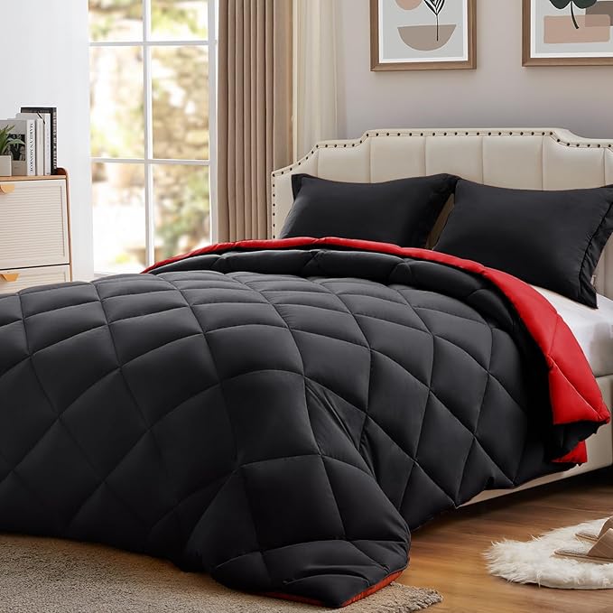 NexHome Queen Comforter Set Black&Red,3 Pieces Lightweight Comforters Queen Size Reversible Bedding Comforters Sets,Down Alternative Comforter Bed Set Quilt Blanket(88x88In Comforter & 2 Pillowsham)