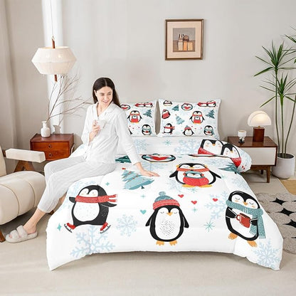 Cartoon Penguin Bedding Set for Boys Girls,Winter Snowflake Happy Xmas Theme All Season Cozy Comforter Set Full Size,Christmas Tree Duvet Set Bedroom Decor,Festival Gifts