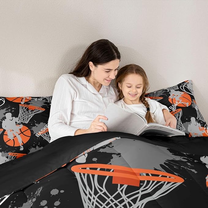 Erosebridal Boys Basketball Bedding Set Queen, Orange, 3D Basketball Quilt Set with 2 Pillowcases, Lightweight