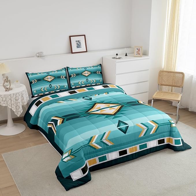 Erosebridal Turquoise Western Comforter Set King Teal Southwestern Aztec Country Bedding Set Rustic Farmhouse Bedding Comforter Sets for Kids Adults Exotic Ethnic Tribal Bed Set 2 Pillow Cases