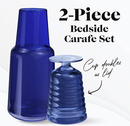 American Atelier 32 oz Bedside Water Carafe Set – 11" Ribbed Glass Pitcher with Footed Cup Lid, Covered Drinking Decanter for Nightstand, Guest Room, Office & Bathroom Accent, Elegant Glassware (Navy)