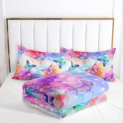 Rainbow Butterfly Comforter Sets - Twin Size, Cute Kids Bedding Sets with Galaxy Butterfly Pattern, All Season Comforter and 2 Pillowcases