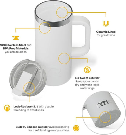 RTIC 16oz Road Trip Travel Mug with Lid and Handle, Ceramic Lined, Insulated, Stainless Steel, Metal, Double Wall Vacuum-Insulation, Portable Coffee, Tea Cup for Hot and Cold Drink, White