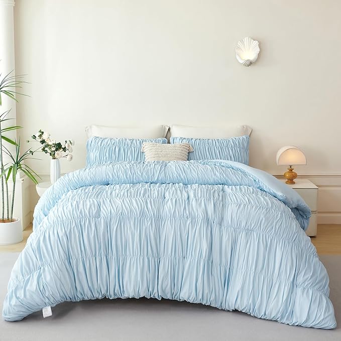 PERFEMET Full Size Bed in a Bag Light Blue 5 Pieces Fluffy Boho Ruched Comforter with Sheets Luxury Soft Pleated Texture Bedding Comforter Set All Season Lightweight Vintage Ruffle Bed Sets, 79"x90"