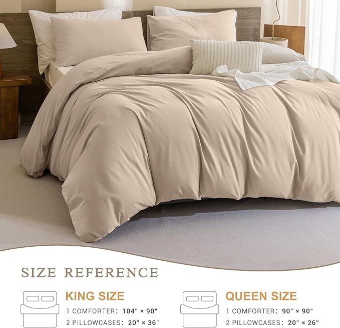 CozyTide Cotton King Comforter Set,Lightweight Boho Warm Taupe Bedding Comforter Set 3 Pieces(1 Solid Color Comforter and 2 Pillowcases) Soft Fluffy Bedding Set for All Season