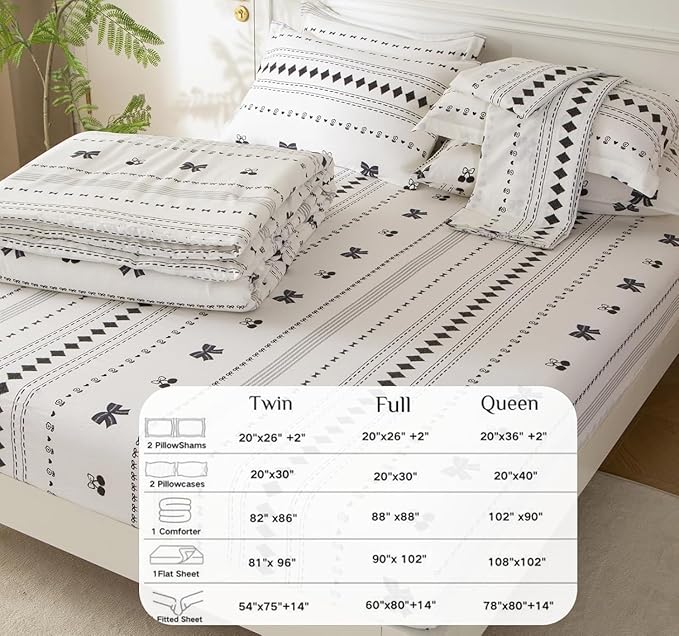 SDY 7PCS Bow Floral,Cherry Comforter and Sheet Set Full Size，Bohemian Print Pattern Bedding Sets Includes 1*Comforter,1* Flat Sheet, 1*Fitted Sheet,2*Pillowcases and 2*PillowcaseShams