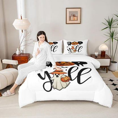 Erosebridal Halloween Boo Bedding Set Full, Halloween Pumpkin Comforter Set, Cute Ghost with Wizard Hat Comforter, Black Bat Spider Web Quilt for Kid Boys Girls Teens Women Men Bedroom Decor