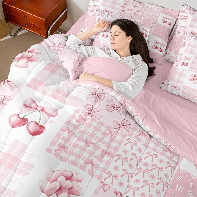 Feelyou Pink Bow Comforter Set with Sheets 7 Piece King Size Cherry Prints Bed in a Bag Kids Boys Girls Heart Pattern Bedding Set Cute Bowknot Bedroom Decor Breathable Soft Lightweight Microfiber