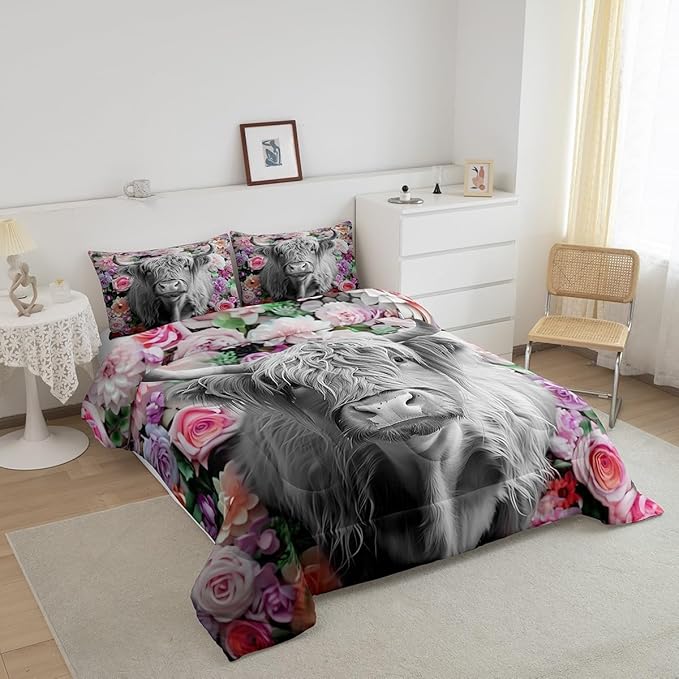 Erosebridal Highland Cow Comforter Set King Size Rose Flower Bedding Set for Kids Girls Boys Teens Adult Western Wild Animal Bull Cattle Down Comforter Funny Farmhouse Comforter Pink Grey