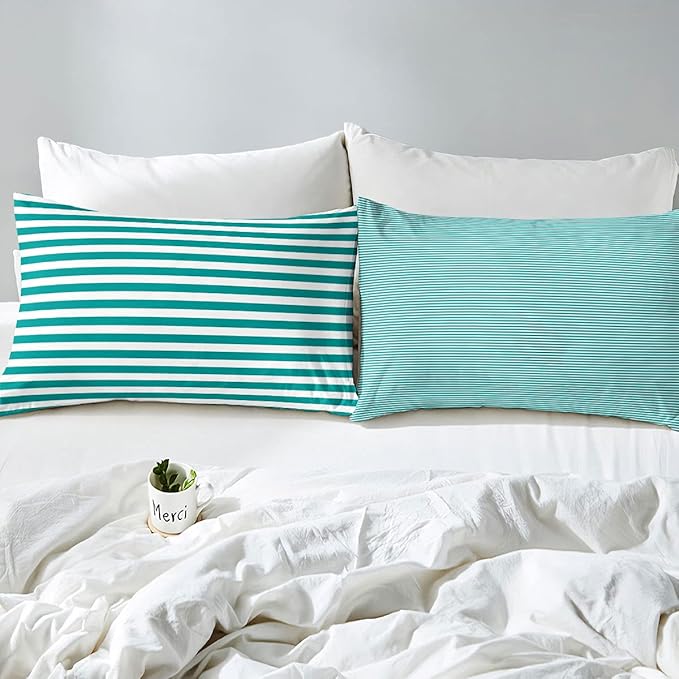 Stripe Comforter Set Turquoise Bedding Set Green White Striped Down Comforter King Ticking Stripes Geometric Lines Reversible Farmhouse Horizontal Stripes Lightweight Soft Quilt Duvet Insert