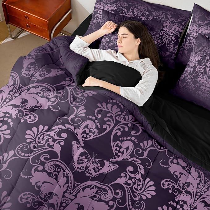Erosebridal Gothic Damask 7 Piece Comforter Set Full Bed in a Bag,Butterfly Skull Bedding Sets Purple Victorian Floral Goth Sheet Set with Comforter