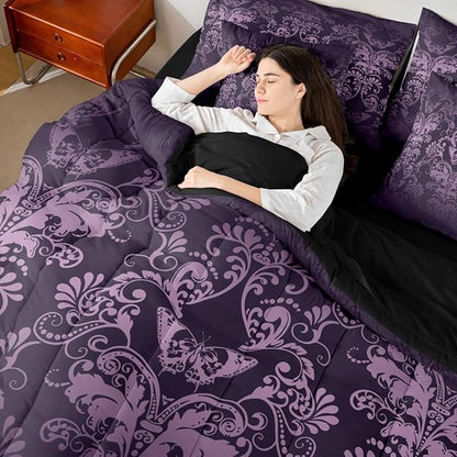 Erosebridal Gothic Damask Bed in a Bag King Size Comforter Set 7 Pieces,Butterfly Skull Bedding Sets Purple Victorian Floral Goth Sheet Set with Comforter