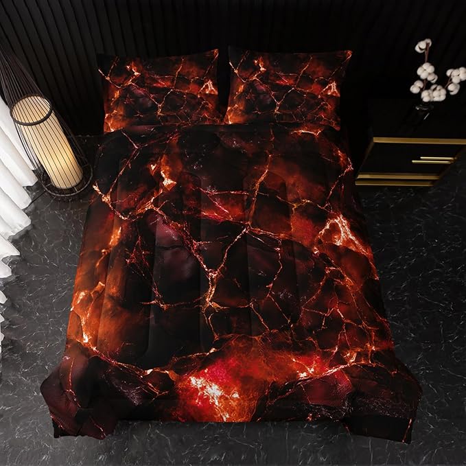 Orange Comforter Set Full Size，Orange Marble Bedding Set 3 Pcs Bedding for Adults, Marble Room Decor with Comforter and 2 Pillowcases Soft and Lightweight B-Side Black