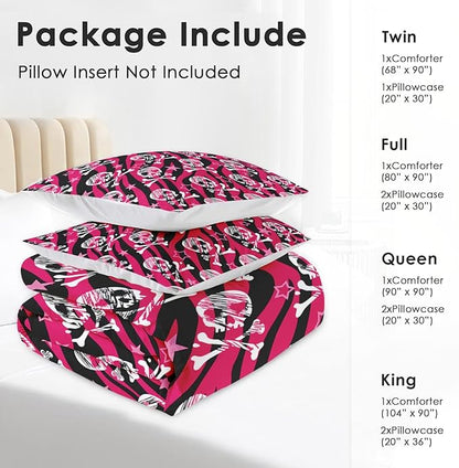 Comforter Set Queen Size, Zebra Skull Rock Soft 3 Pcs Bedding for Kids and Adults, Animal Roll Pink Comforter Set with 2 Pillowcases, for Bedroom Bed Decor