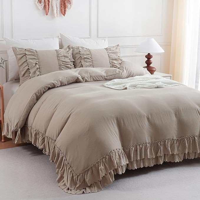 Herside Taupe Boho Comforter King Size,Shabby Chic Ruffle Bedding Set,2 Layers Ruffles Fluffy Vintage Comforter Home Decor,Farmhouse 3 Pcs Microfiber Lightweight Quilt Set