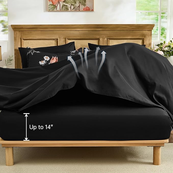 WONGS BEDDING King Comforter Set 7 Piece, Black Floral Bed in a Bag Bedding Set with Botanical Flowers Patterns, Soft Lightweight Complete Comforters with Sheets for All Season
