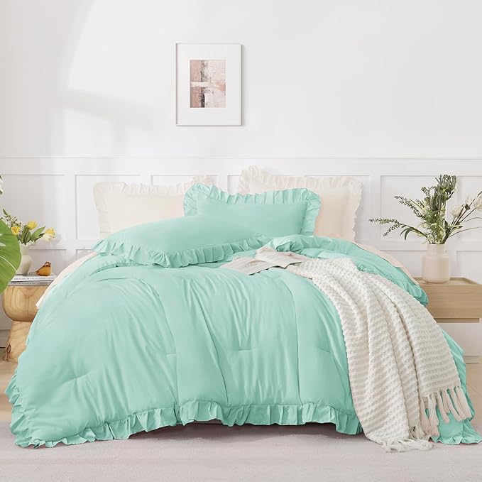 Andency Mint Green California King Comforter Set, 3 Pieces Shabby Chic Ruffle Solid Cal King Bedding Sets, Oversized All Season Soft Lightweight Down Alternative Bed Set for Adults Men Women