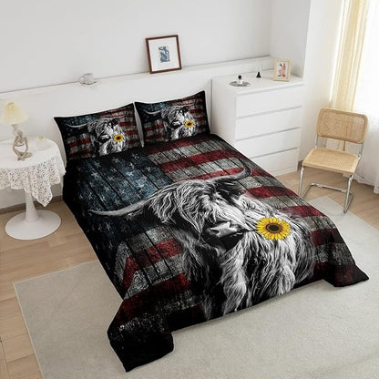 Feelyou Highland Cattle Bedding Set Sunflower Highland Cow Comforter Set for Kids Boys Girls America Flag Bull Comforter Animal Quilt Set 1 Comforter Set with 2 Pillowcases King Size