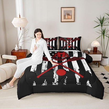 Erosebridal Lacrosse Comforter Set for Teens Youth,Black White American Flag Bedding Set,Lacrosse Stick and Ball Duvet Insert King,Lacrosse Player Quilt Comforter with 2 Pillowcases Warm